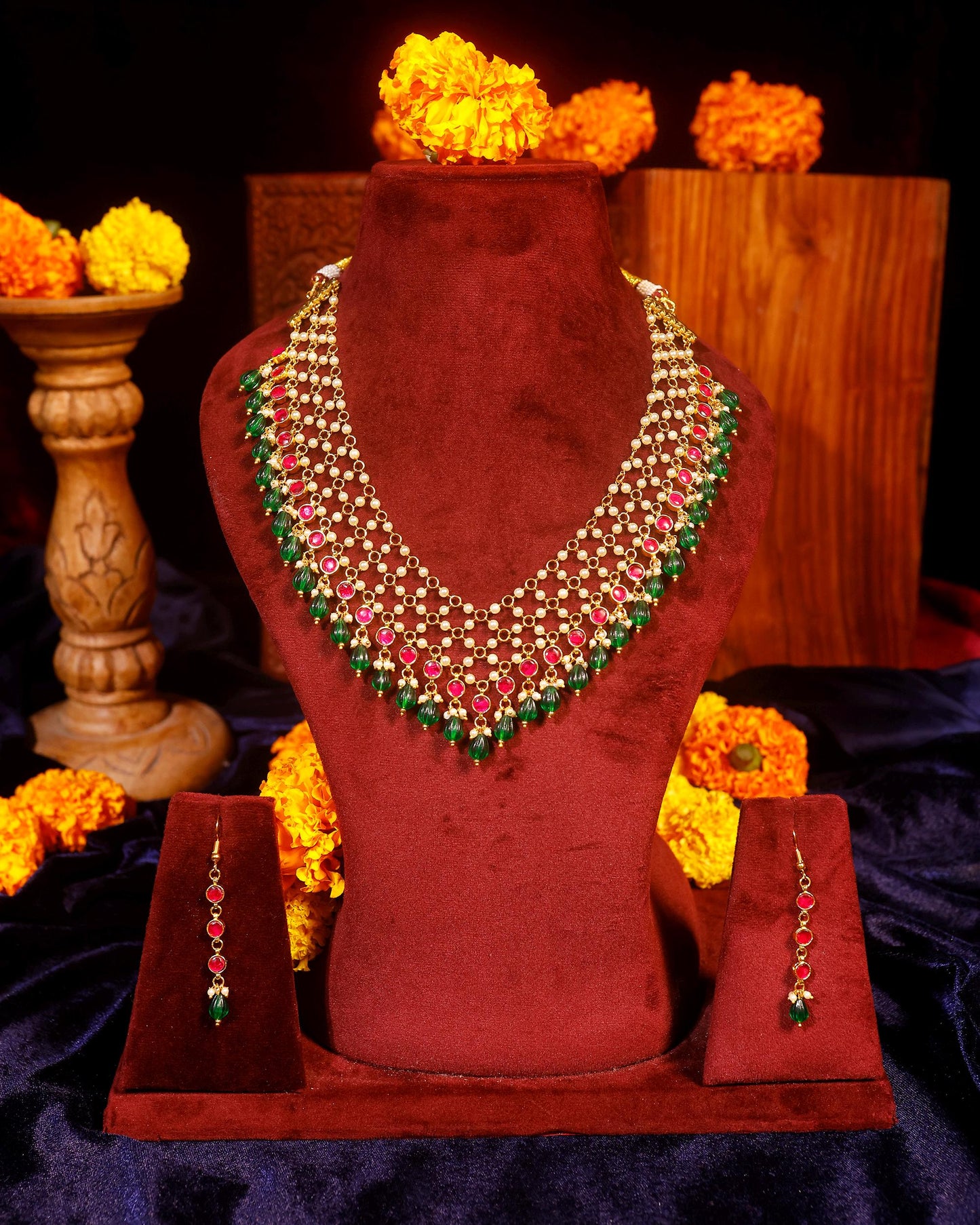 Red Green Kundan Necklace Set, Traditional Indian Bridal Jewelry, Adjustable Thread Necklace, Ethnic Gold Statement Necklace with Earrings