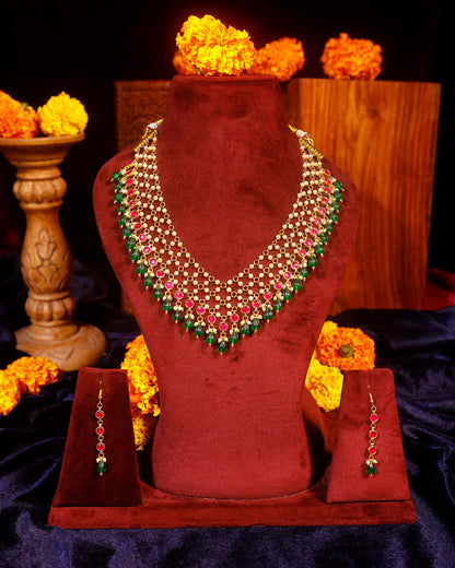 Red Green Kundan Necklace Set, Traditional Indian Bridal Jewelry, Adjustable Thread Necklace, Ethnic Gold Statement Necklace with Earrings