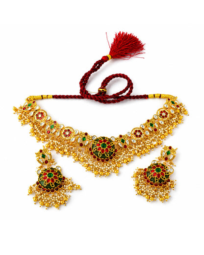 Kundan Meenakari Choker Necklace Set Earrings, Indian Bridal Jewelry, Pearl Gold Choker, Traditional Wedding Jewelry, Ethnic Festive Set