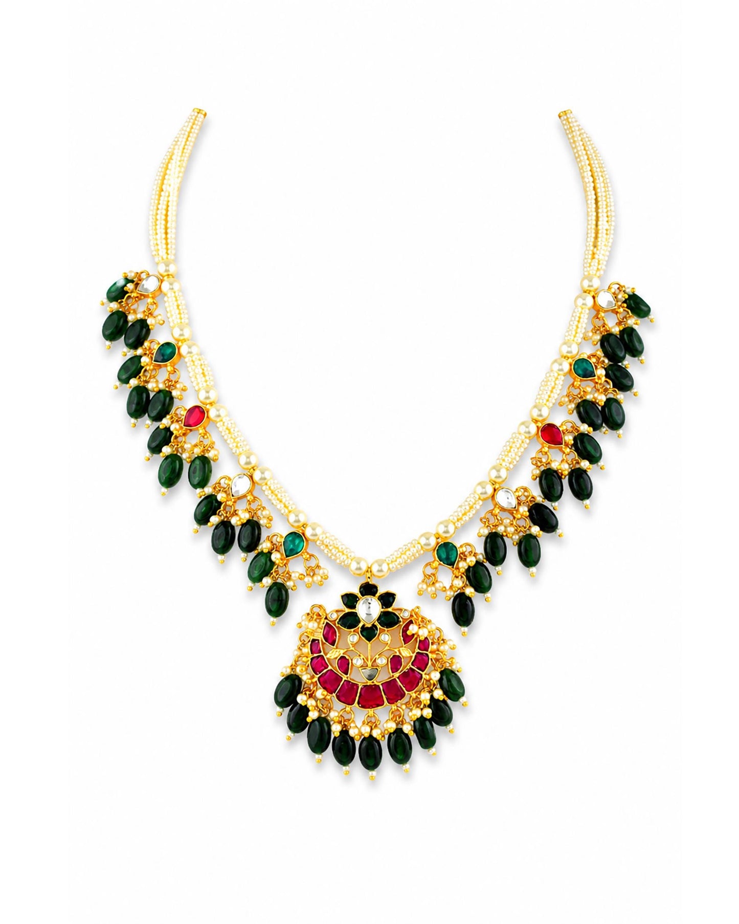 Red Green Kundan Necklace Set, Traditional Indian Bridal Jewelry, Adjustable Thread Necklace, Ethnic Gold Statement Necklace with Earrings