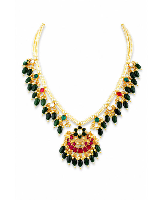 Red Green Kundan Necklace Set, Traditional Indian Bridal Jewelry, Adjustable Thread Necklace, Ethnic Gold Statement Necklace with Earrings