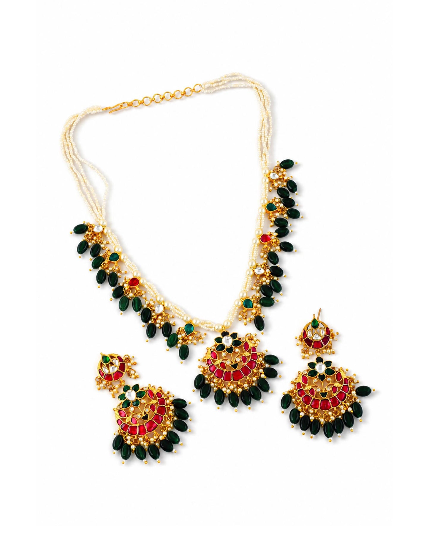 Red Green Kundan Necklace Set, Traditional Indian Bridal Jewelry, Adjustable Thread Necklace, Ethnic Gold Statement Necklace with Earrings
