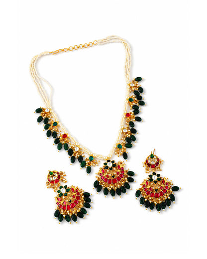 Red Green Kundan Necklace Set, Traditional Indian Bridal Jewelry, Adjustable Thread Necklace, Ethnic Gold Statement Necklace with Earrings