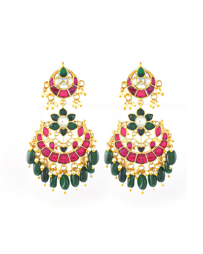 Red Green Kundan Necklace Set, Traditional Indian Bridal Jewelry, Adjustable Thread Necklace, Ethnic Gold Statement Necklace with Earrings