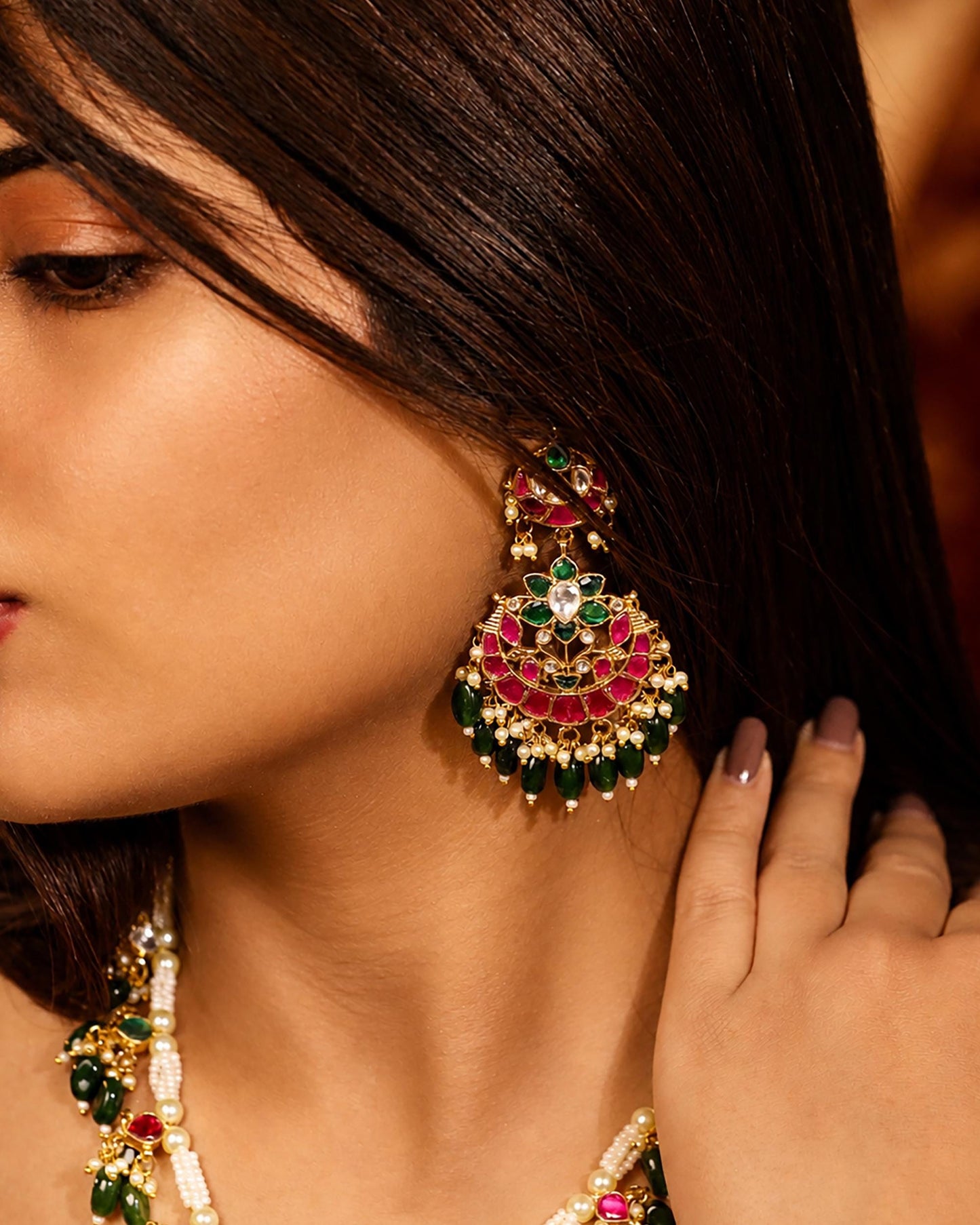 Red Green Kundan Necklace Set, Traditional Indian Bridal Jewelry, Adjustable Thread Necklace, Ethnic Gold Statement Necklace with Earrings
