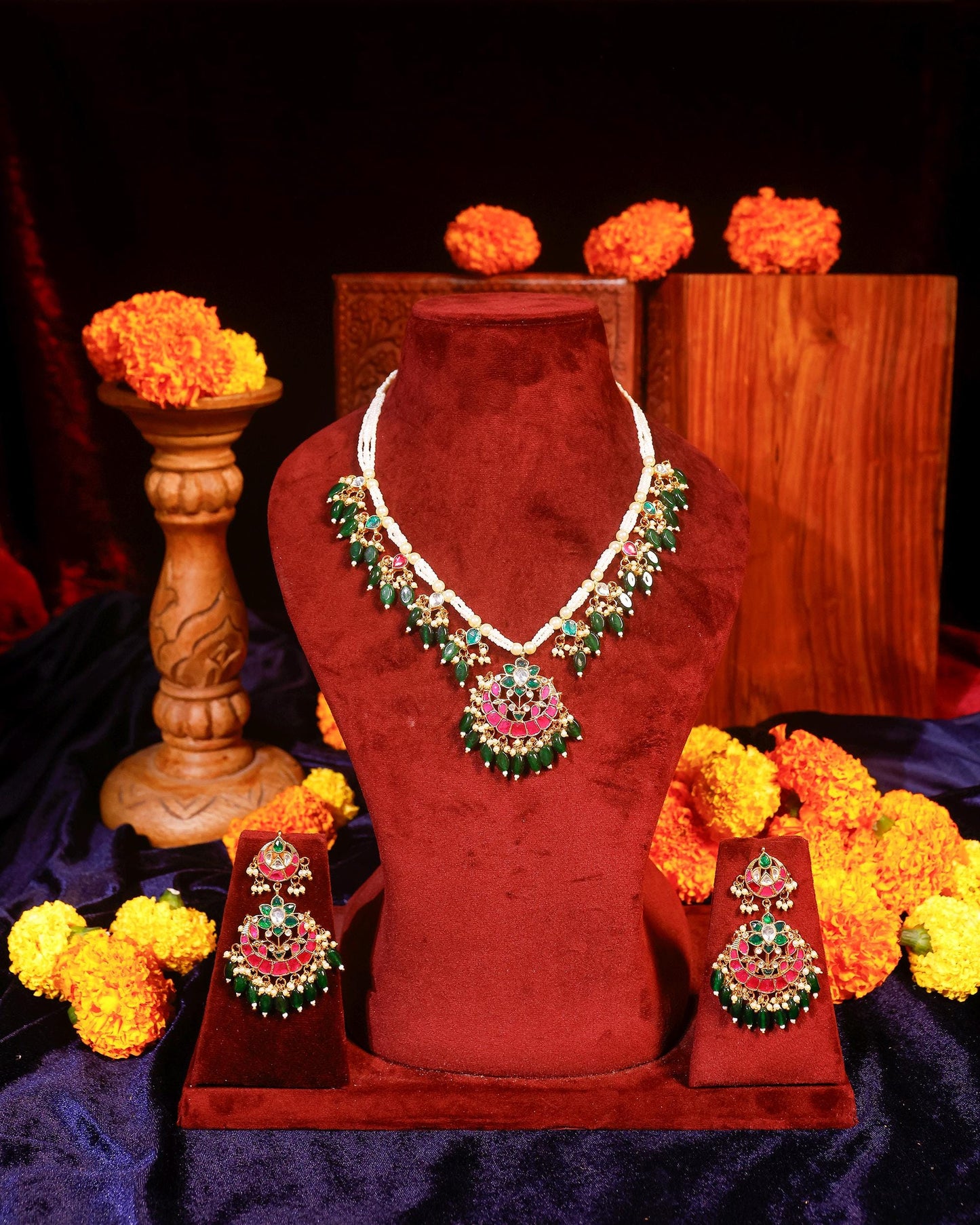 Red Green Kundan Necklace Set, Traditional Indian Bridal Jewelry, Adjustable Thread Necklace, Ethnic Gold Statement Necklace with Earrings