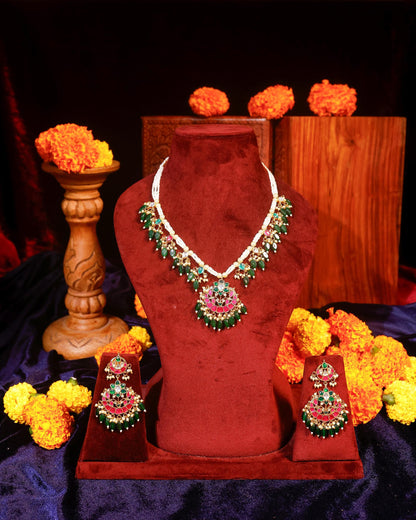 Red Green Kundan Necklace Set, Traditional Indian Bridal Jewelry, Adjustable Thread Necklace, Ethnic Gold Statement Necklace with Earrings