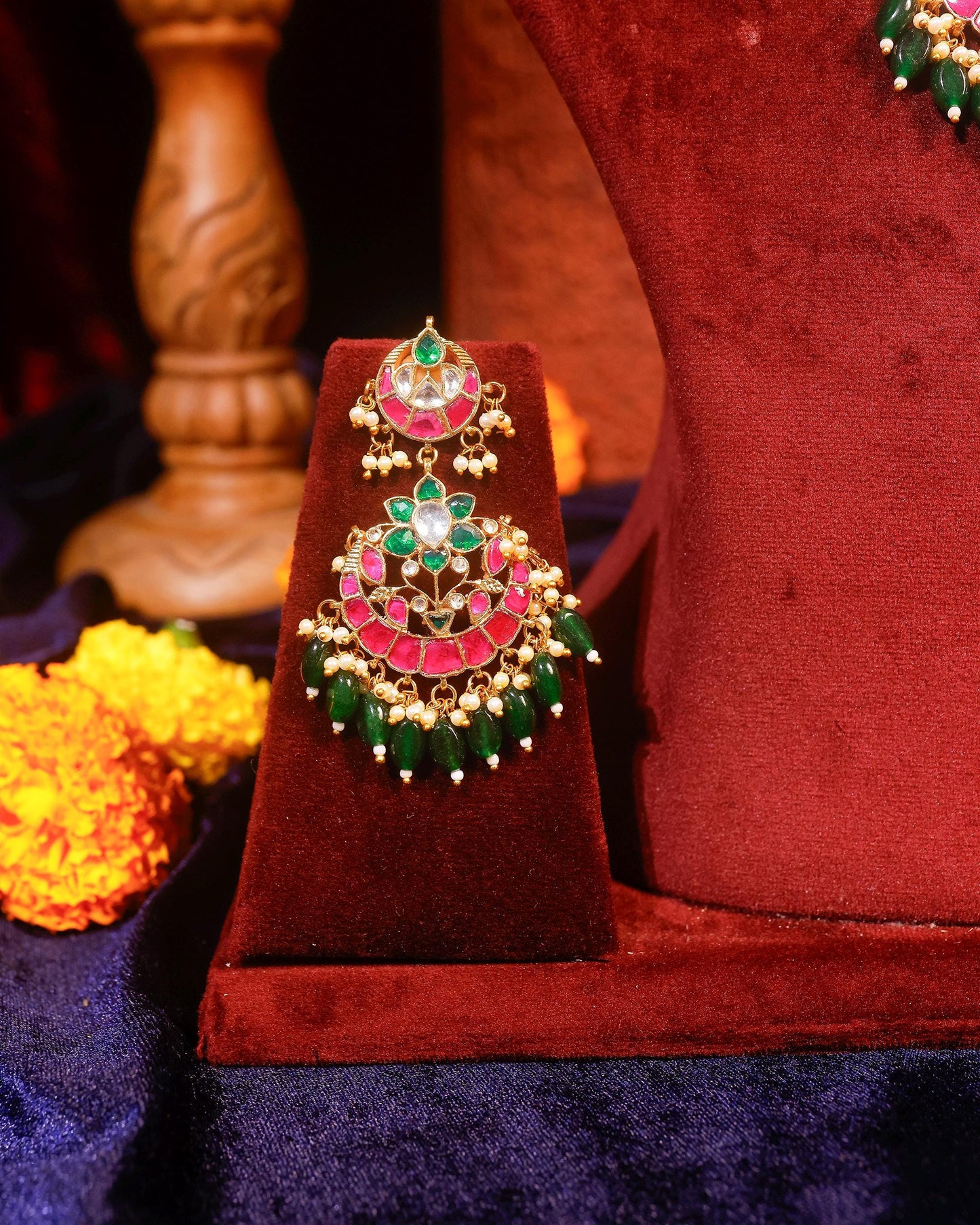 Red Green Kundan Necklace Set, Traditional Indian Bridal Jewelry, Adjustable Thread Necklace, Ethnic Gold Statement Necklace with Earrings