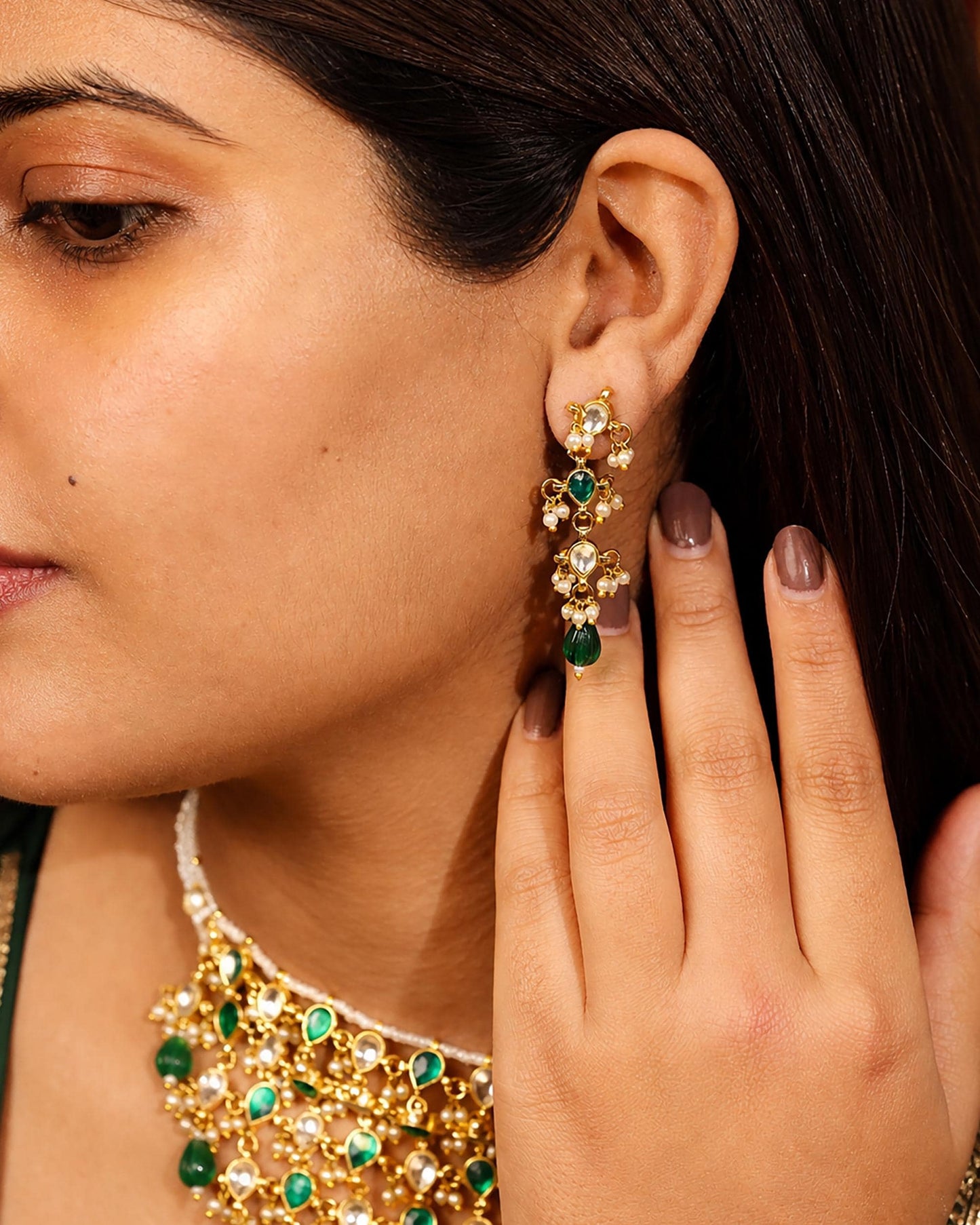 Green Kundan Bridal Choker Set with Earrings, Indian Wedding Jewelry Gold Statement Necklace, Traditional Polki Necklace, Bridal Jewelry Set