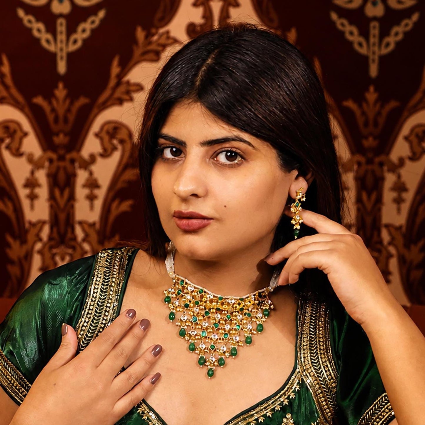 Green Kundan Bridal Choker Set with Earrings, Indian Wedding Jewelry Gold Statement Necklace, Traditional Polki Necklace, Bridal Jewelry Set