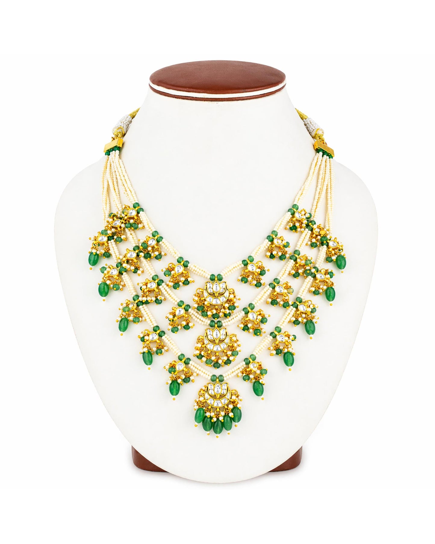 Green Kundan Bridal Necklace Set, Multi Layer Pearl Indian Wedding Jewelry, Gold Statement Necklace Earrings, Traditional Bridal Jewelry Set