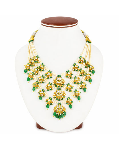 Green Kundan Bridal Necklace Set, Multi Layer Pearl Indian Wedding Jewelry, Gold Statement Necklace Earrings, Traditional Bridal Jewelry Set
