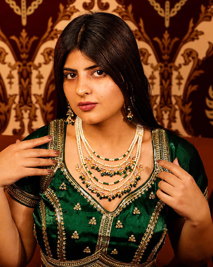 Multi Layer Raani Haar Pearl Kundan Bridal Necklace Set, Green Beaded Wedding Jewelry, Gold Statement Necklace with Earrings