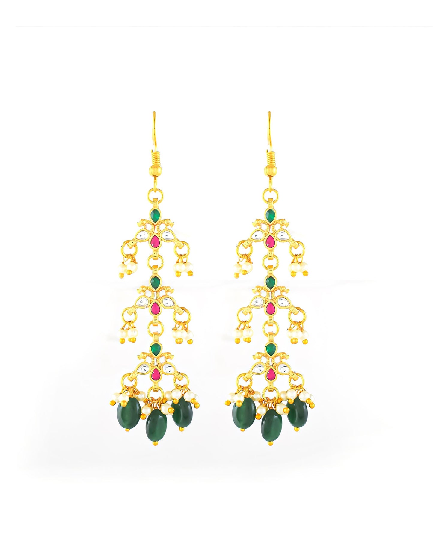Multi Layer Raani Haar Pearl Kundan Bridal Necklace Set, Green Beaded Wedding Jewelry, Gold Statement Necklace with Earrings