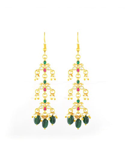 Multi Layer Raani Haar Pearl Kundan Bridal Necklace Set, Green Beaded Wedding Jewelry, Gold Statement Necklace with Earrings