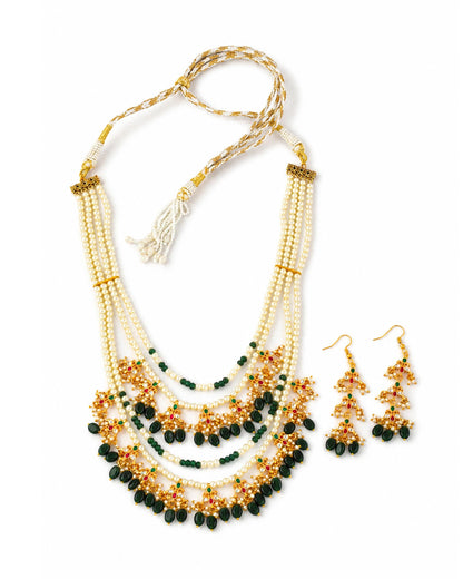 Multi Layer Raani Haar Pearl Kundan Bridal Necklace Set, Green Beaded Wedding Jewelry, Gold Statement Necklace with Earrings