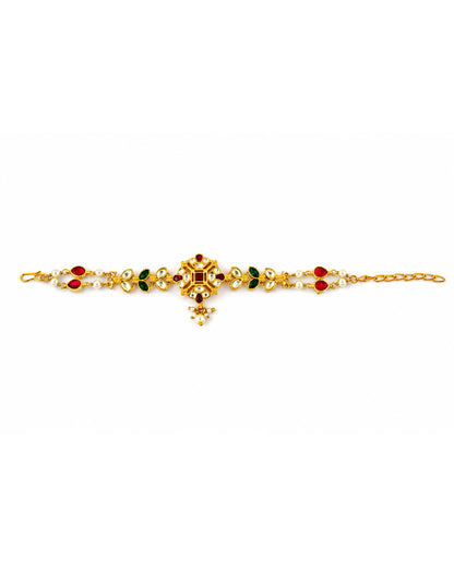 Bridal Kundan Sheeshpatti Matha Patti with Pearl Drop | Indian Wedding Head Jewelry | Traditional Gold Headpiece with Red Green Stones