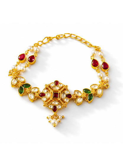 Bridal Kundan Sheeshpatti Matha Patti with Pearl Drop | Indian Wedding Head Jewelry | Traditional Gold Headpiece with Red Green Stones