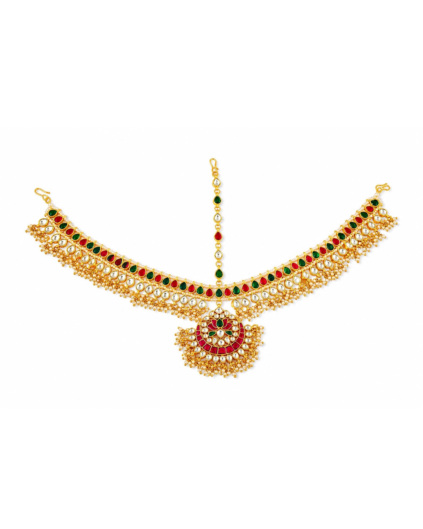 Bridal Kundan Sheeshpatti Matha Patti with Pendant, Indian Wedding Head Jewelry, Gold Pearl Multicolor Headpiece