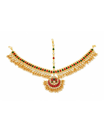 Bridal Kundan Sheeshpatti Matha Patti with Pendant, Indian Wedding Head Jewelry, Gold Pearl Multicolor Headpiece