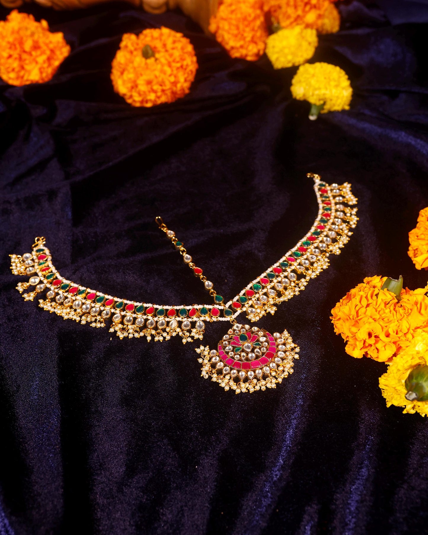 Bridal Kundan Sheeshpatti Matha Patti with Pendant, Indian Wedding Head Jewelry, Gold Pearl Multicolor Headpiece