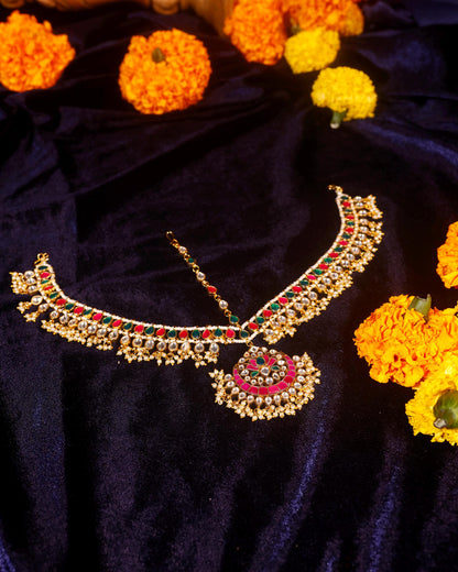 Bridal Kundan Sheeshpatti Matha Patti with Pendant, Indian Wedding Head Jewelry, Gold Pearl Multicolor Headpiece
