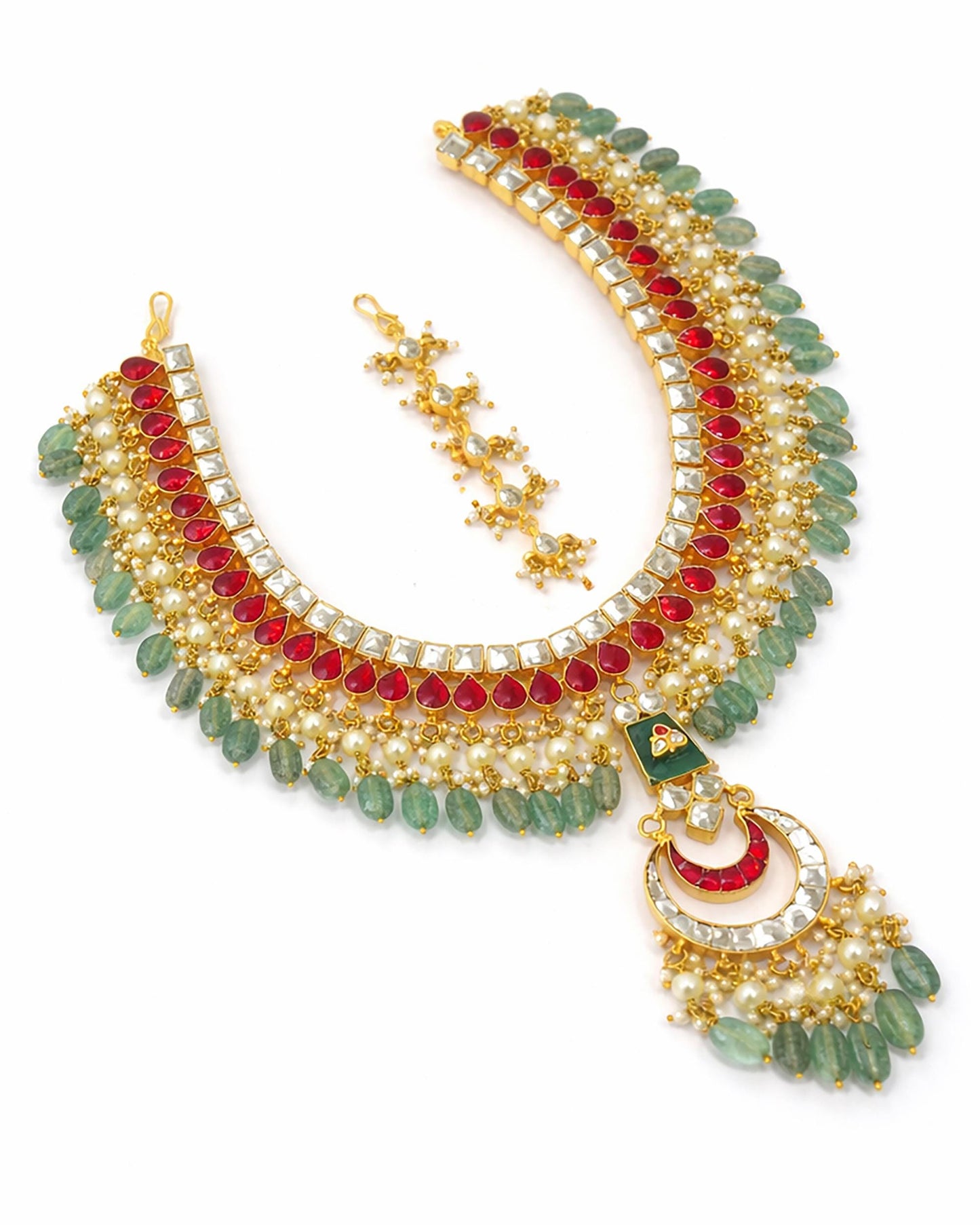 Bridal Kundan Sheeshpatti Matha Patti with Green Beads, Indian Wedding Head Jewelry, Gold Pearl Multicolor Headpiece