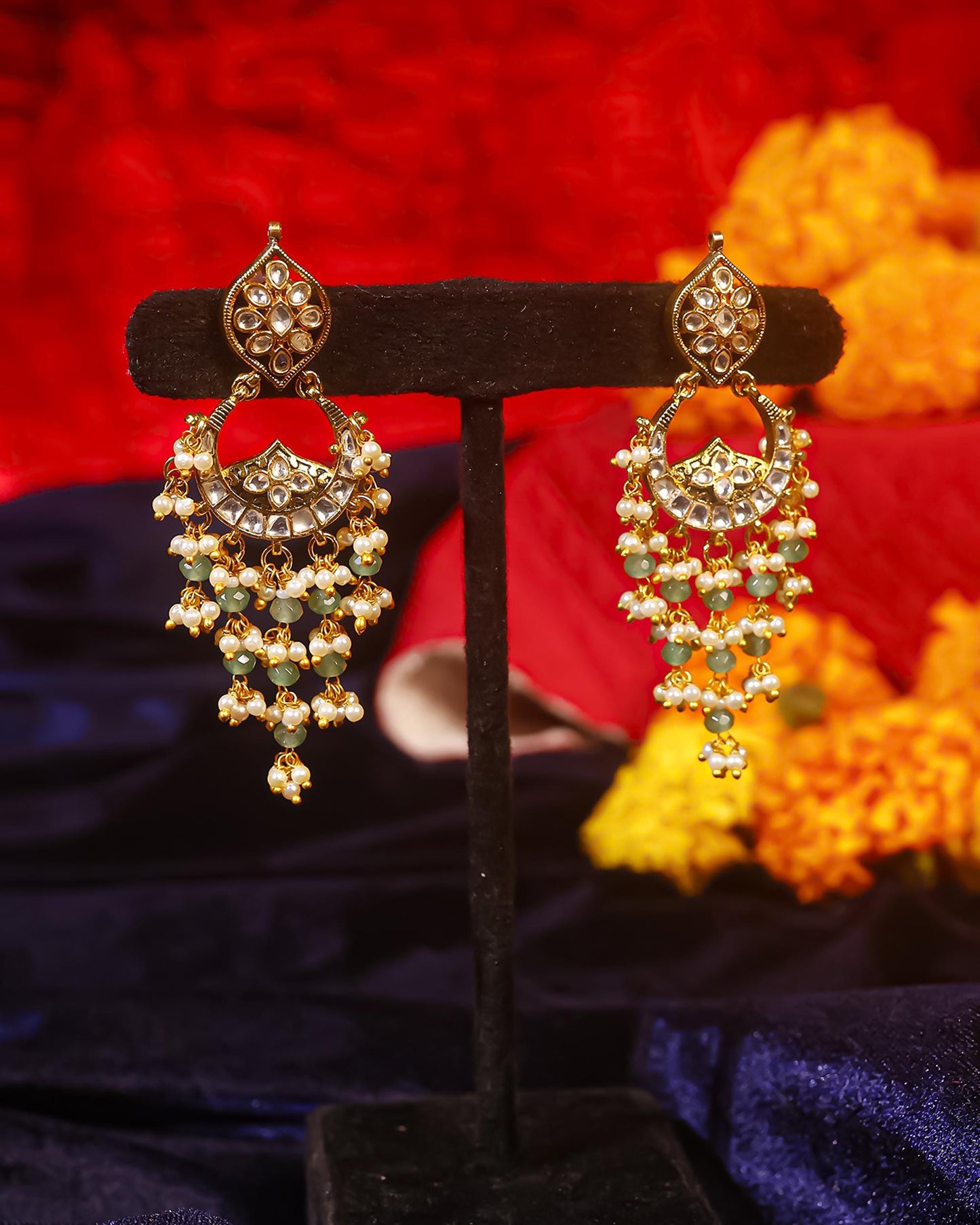 Kundan Chandbali Earrings, Pearl Drop Indian Earrings, Green Beaded Bridal Earrings, Gold Plated Ethnic Jewelry, Traditional Wedding Earring