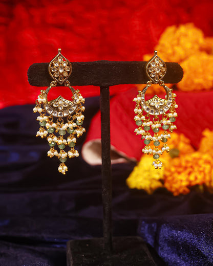 Kundan Chandbali Earrings, Pearl Drop Indian Earrings, Green Beaded Bridal Earrings, Gold Plated Ethnic Jewelry, Traditional Wedding Earring