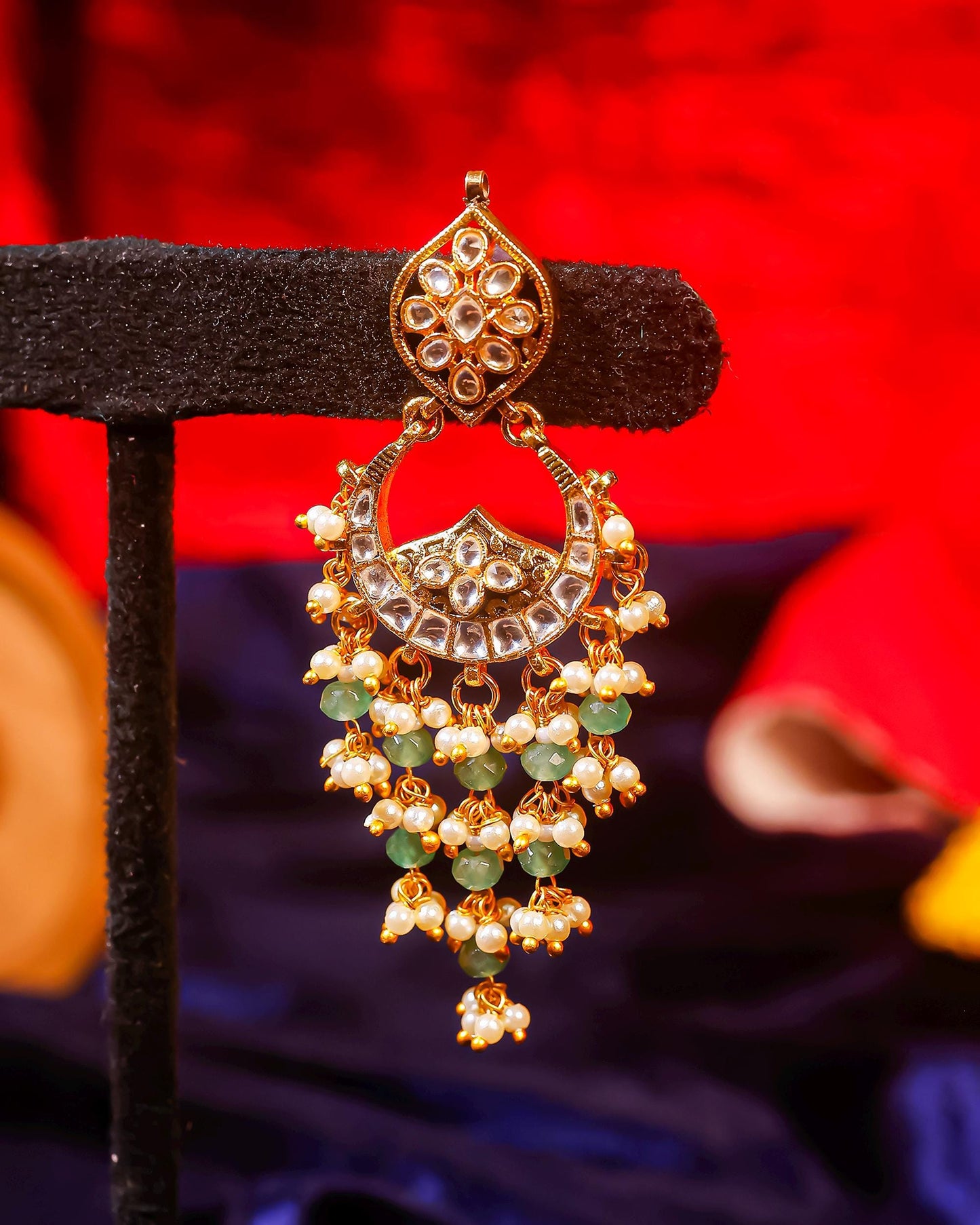 Kundan Chandbali Earrings, Pearl Drop Indian Earrings, Green Beaded Bridal Earrings, Gold Plated Ethnic Jewelry, Traditional Wedding Earring