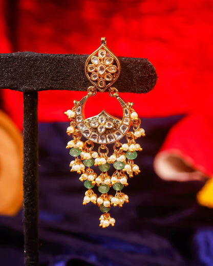 Kundan Chandbali Earrings, Pearl Drop Indian Earrings, Green Beaded Bridal Earrings, Gold Plated Ethnic Jewelry, Traditional Wedding Earring