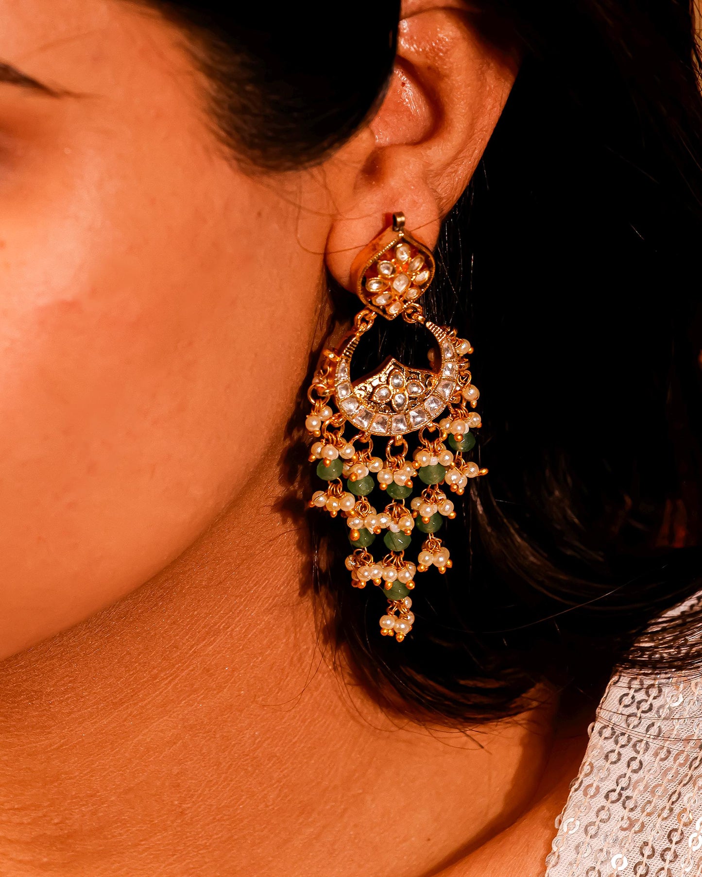 Kundan Chandbali Earrings, Pearl Drop Indian Earrings, Green Beaded Bridal Earrings, Gold Plated Ethnic Jewelry, Traditional Wedding Earring