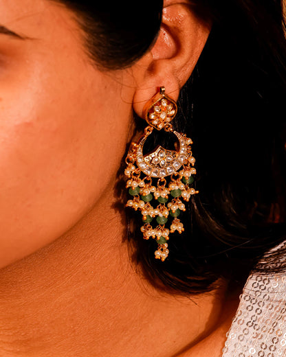 Kundan Chandbali Earrings, Pearl Drop Indian Earrings, Green Beaded Bridal Earrings, Gold Plated Ethnic Jewelry, Traditional Wedding Earring
