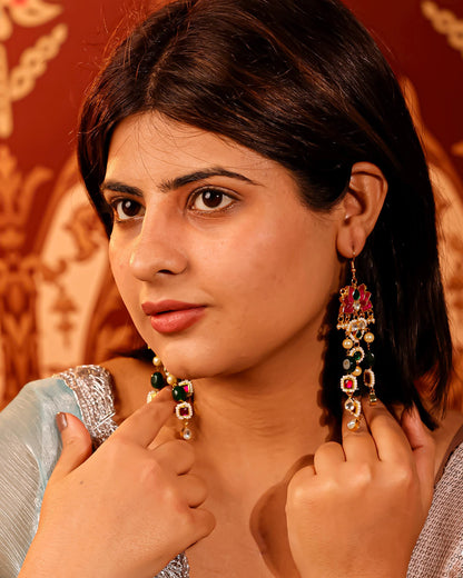 Handmade Elegant Lotus Design Kundan Dangle Earrings with Pearl & Green Bead Accents Jewelry