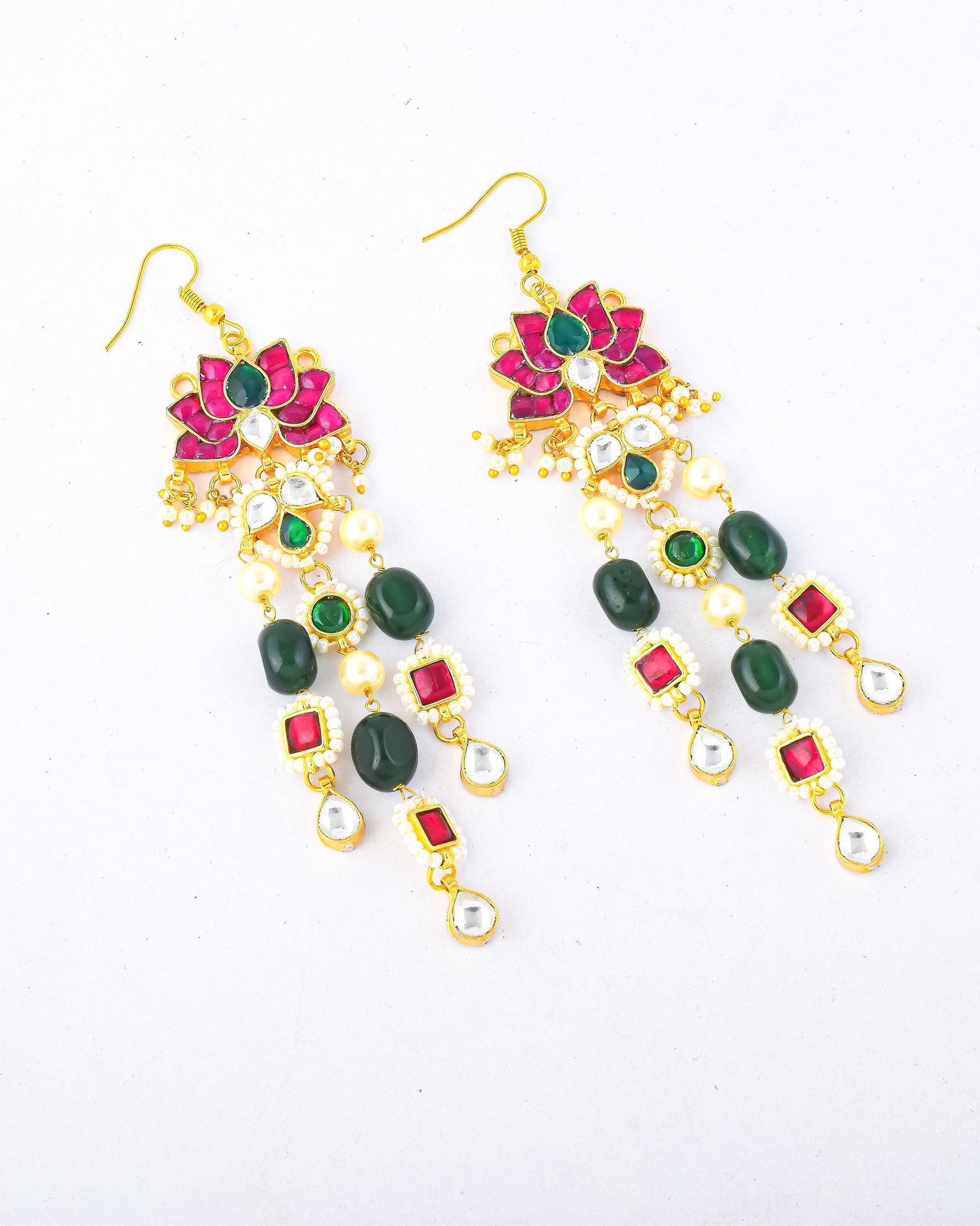 Handmade Elegant Lotus Design Kundan Dangle Earrings with Pearl & Green Bead Accents Jewelry