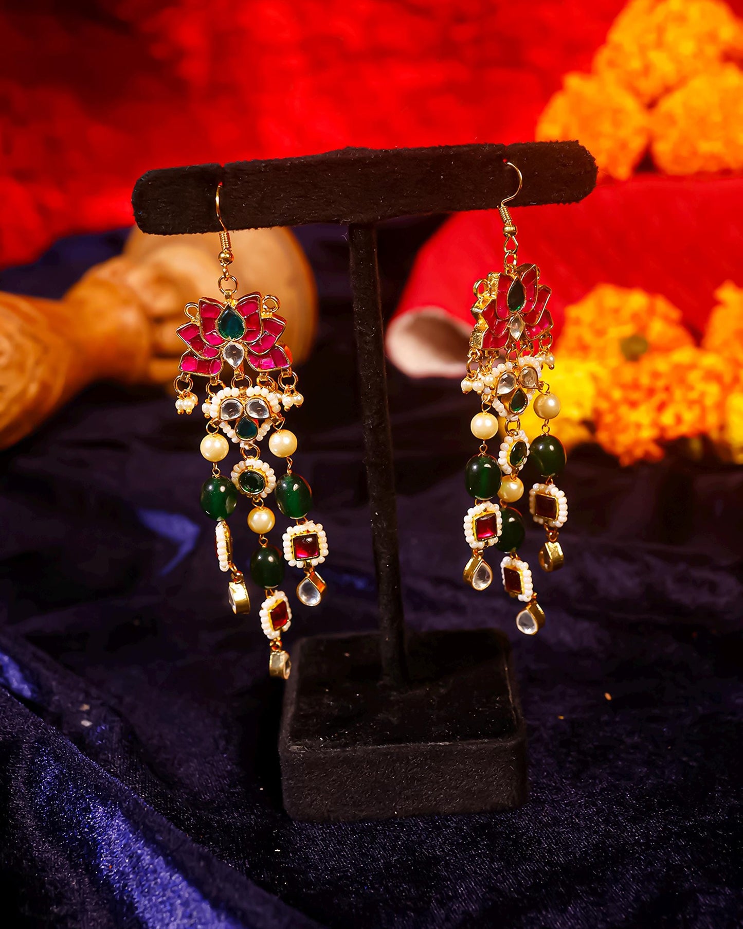 Handmade Elegant Lotus Design Kundan Dangle Earrings with Pearl & Green Bead Accents Jewelry
