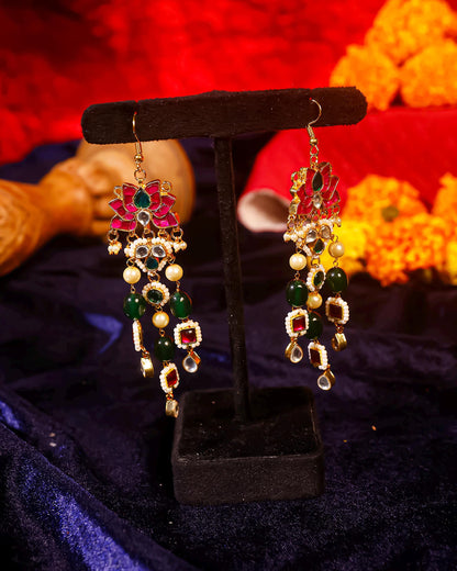 Handmade Elegant Lotus Design Kundan Dangle Earrings with Pearl & Green Bead Accents Jewelry