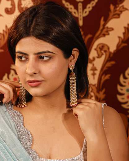Traditional Kundan Pearl Tassel Earrings with Pink Bead, Indian Bridal Earrings, Ethnic Wedding Jewelry, Statement Pearl Danglers
