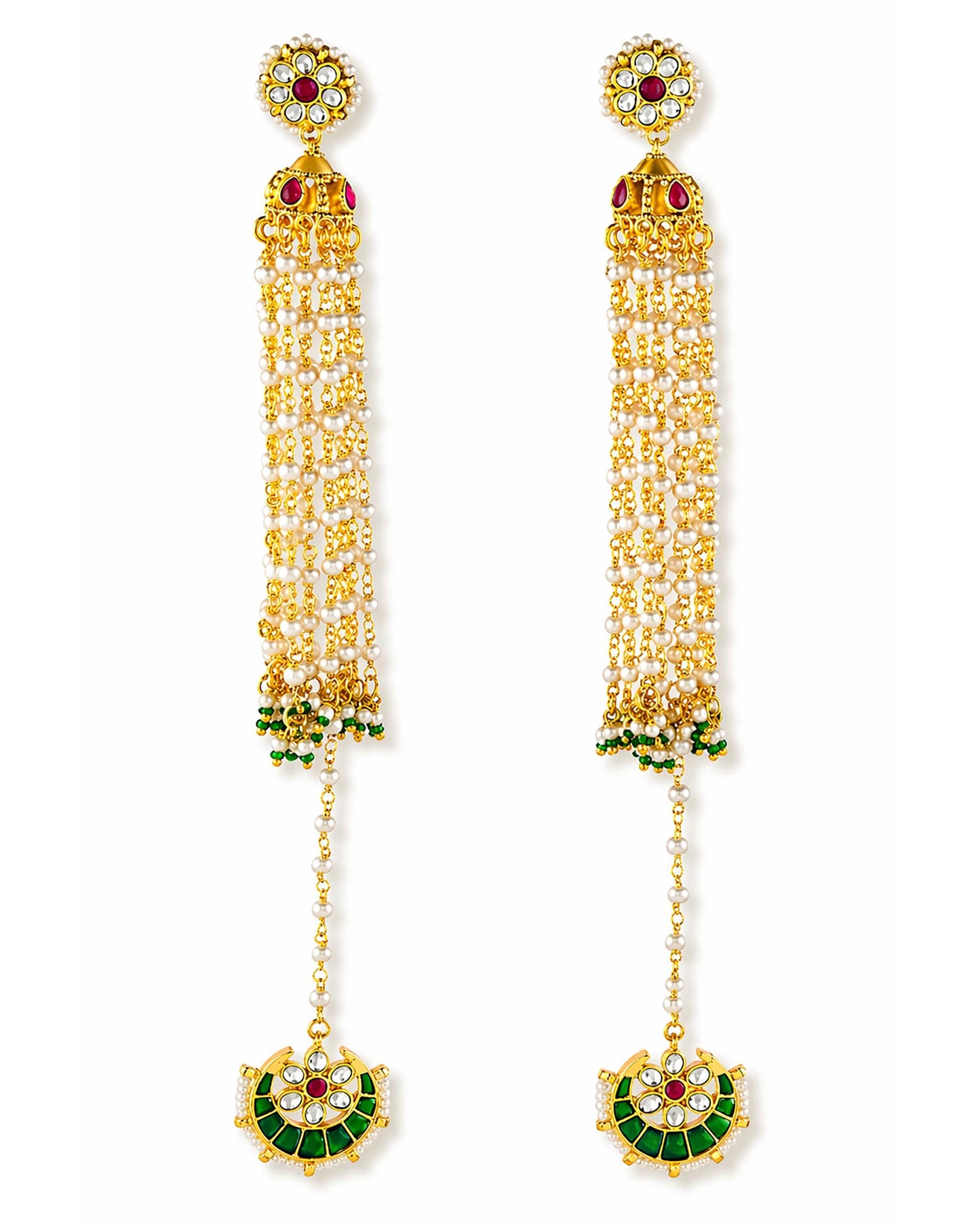 Traditional Kundan Jhumka Earrings with Pearl Tassels & Green Stone Chand Drop Earrings Jewelry for Her