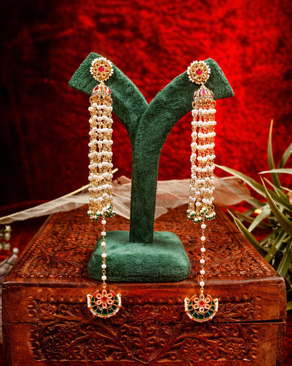 Traditional Kundan Jhumka Earrings with Pearl Tassels & Green Stone Chand Drop Earrings Jewelry for Her