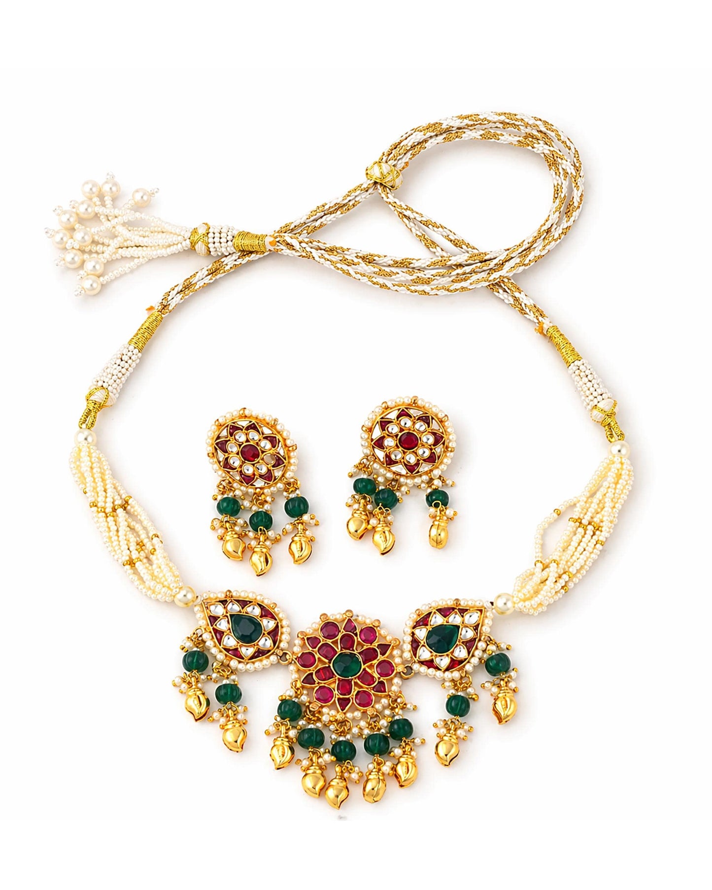 Handmade Kundan Choker Necklace Set, Pearl Beaded Indian Bridal Jewelry, Green Ruby Meenakari Choker, Traditional Wedding Necklace