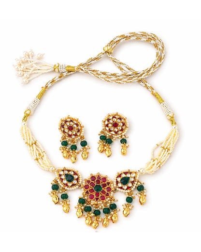Handmade Kundan Choker Necklace Set, Pearl Beaded Indian Bridal Jewelry, Green Ruby Meenakari Choker, Traditional Wedding Necklace