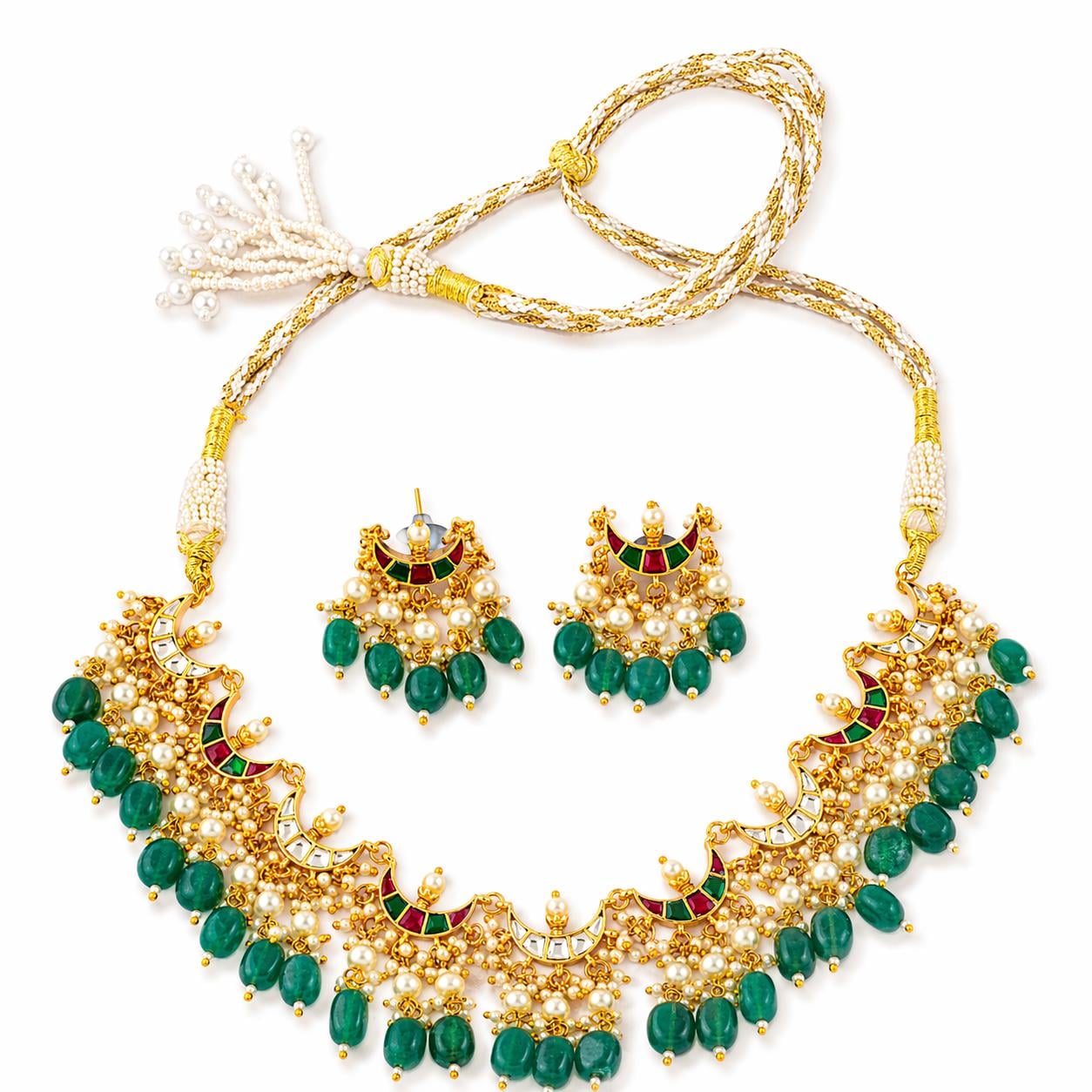 Kundan Choker Necklace Set, Green Beaded Bridal Jewelry, Pearl Meenakari Choker, Traditional Wedding Necklace, Ethnic Statement Jewelry