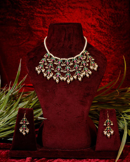 Pearl Kundan Choker Necklace Set, Bridal Jewelry, Green Pink Meenakari Necklace, Traditional Wedding Jewelry, Ethnic Statement Necklace