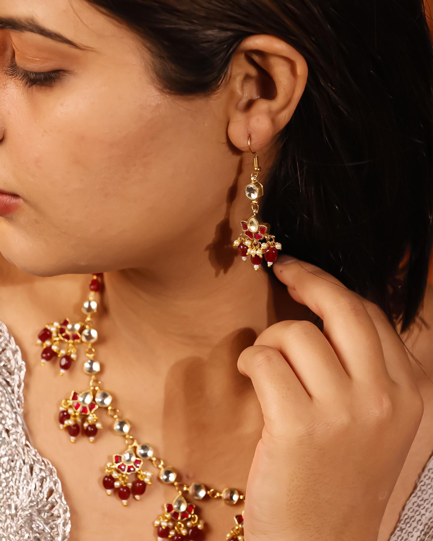 Ruby Red Kundan Choker Necklace Set, Indian Bridal Jewelry, Gold Tone Ethnic Necklace, Traditional Wedding Jewelry, Statement Necklace Set