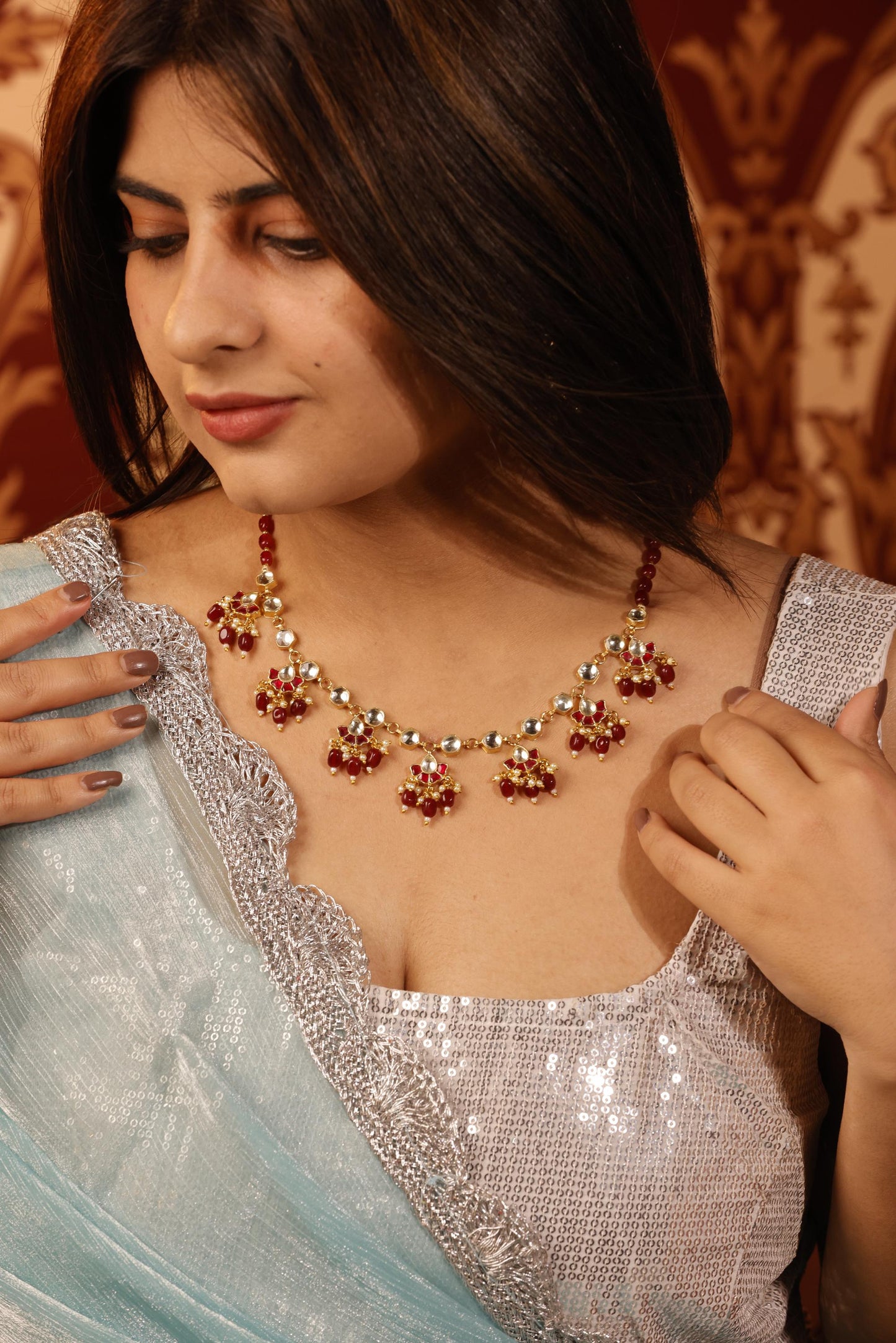 Ruby Red Kundan Choker Necklace Set, Indian Bridal Jewelry, Gold Tone Ethnic Necklace, Traditional Wedding Jewelry, Statement Necklace Set