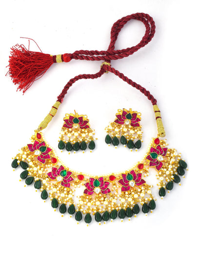 Kundan Choker Necklace Set, Green Beaded Bridal Jewelry, Pearl Meenakari Choker, Traditional Wedding Necklace, Ethnic Statement Jewelry