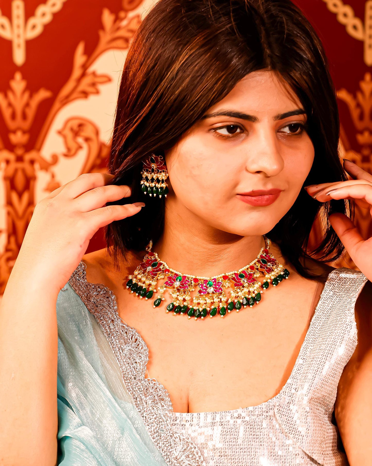 Kundan Choker Necklace Set, Green Beaded Bridal Jewelry, Pearl Meenakari Choker, Traditional Wedding Necklace, Ethnic Statement Jewelry