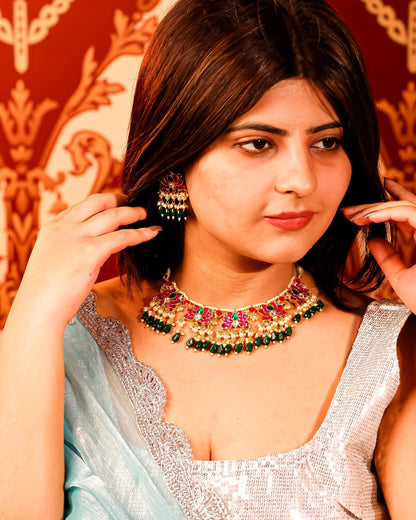 Kundan Choker Necklace Set, Green Beaded Bridal Jewelry, Pearl Meenakari Choker, Traditional Wedding Necklace, Ethnic Statement Jewelry