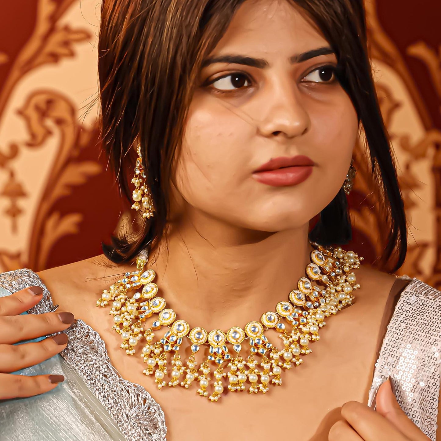 White Kundan Bridal Choker Set  Gold Plated Necklace & Earrings, Indian Wedding Jewelry, Traditional Polki Style Set